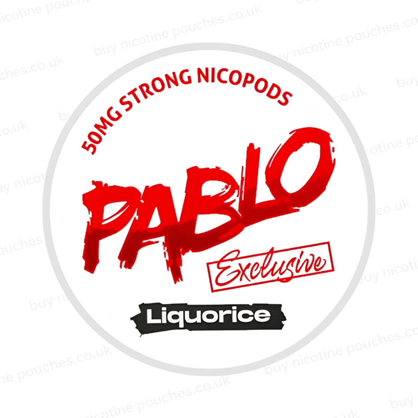 Nicotine pouch container with Pablo Liquorice branding on a white background.