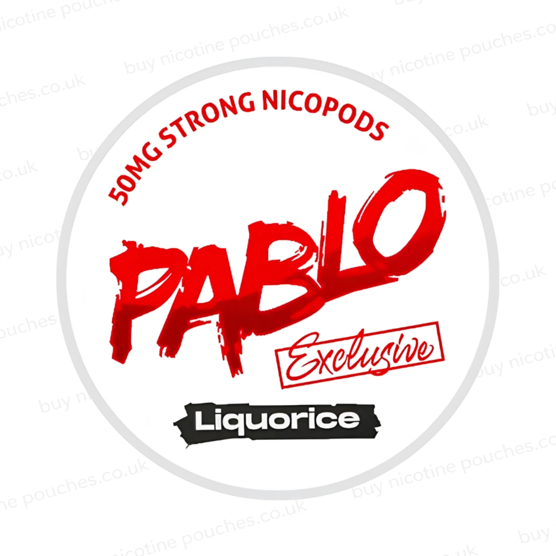 Nicotine pouch container with Pablo Liquorice branding on a white background.