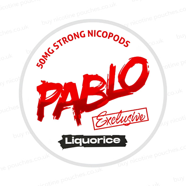 Nicotine pouch container with Pablo Liquorice branding on a white background.
