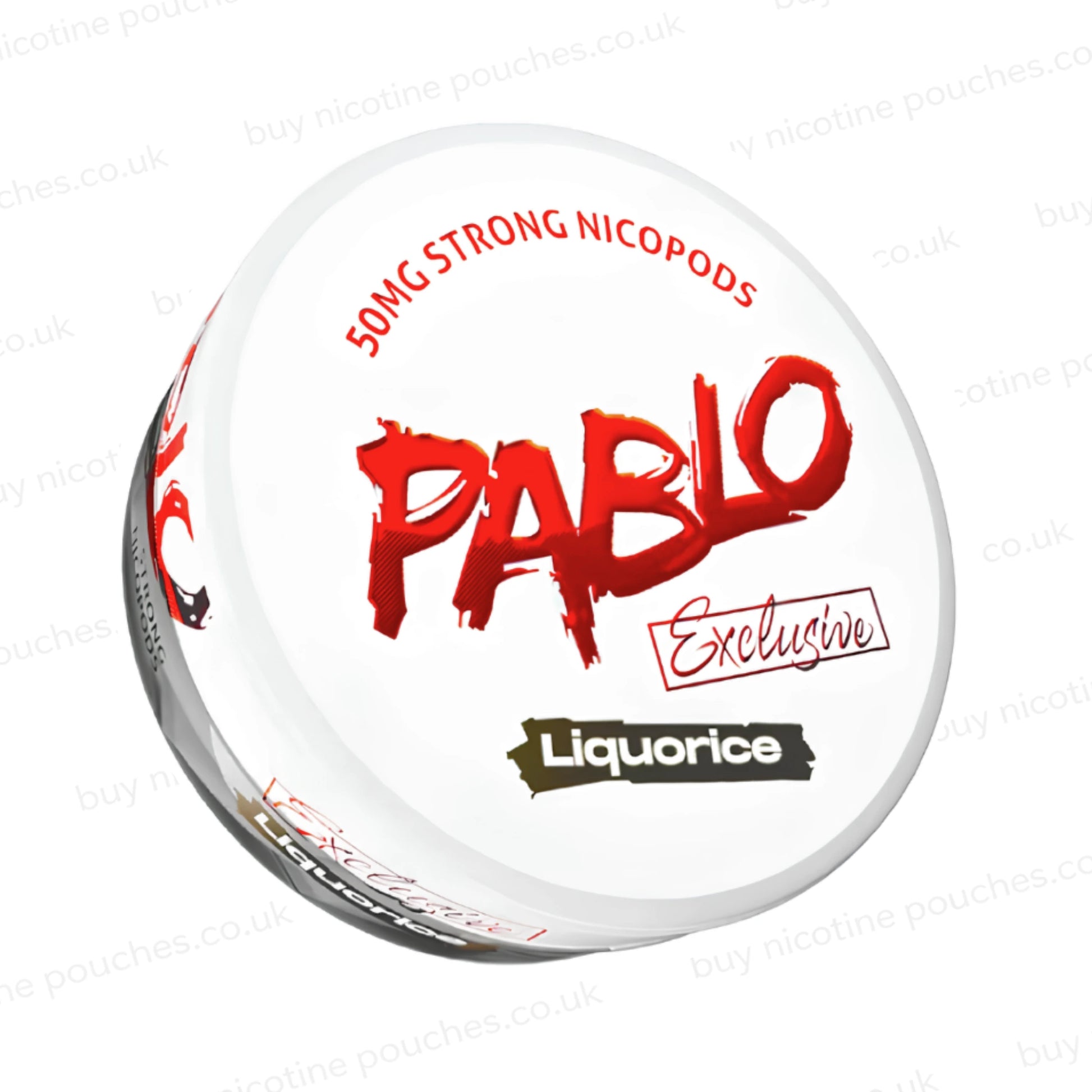 Angled shot of a nicotine pouch container with Pablo Liquorice branding on a white background.