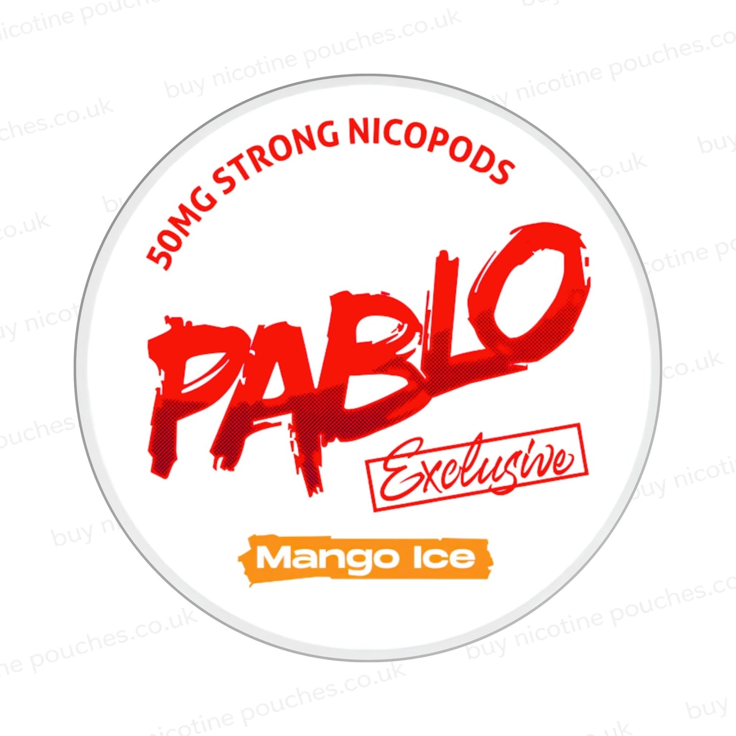 Nicotine pouch container with Pablo Mango Ice branding on a white background.