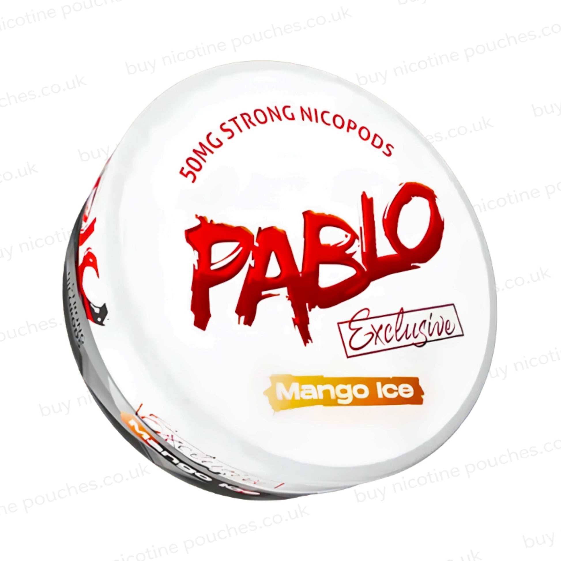 Angled shot of a nicotine pouch container with Pablo Mango Ice branding on a white background.