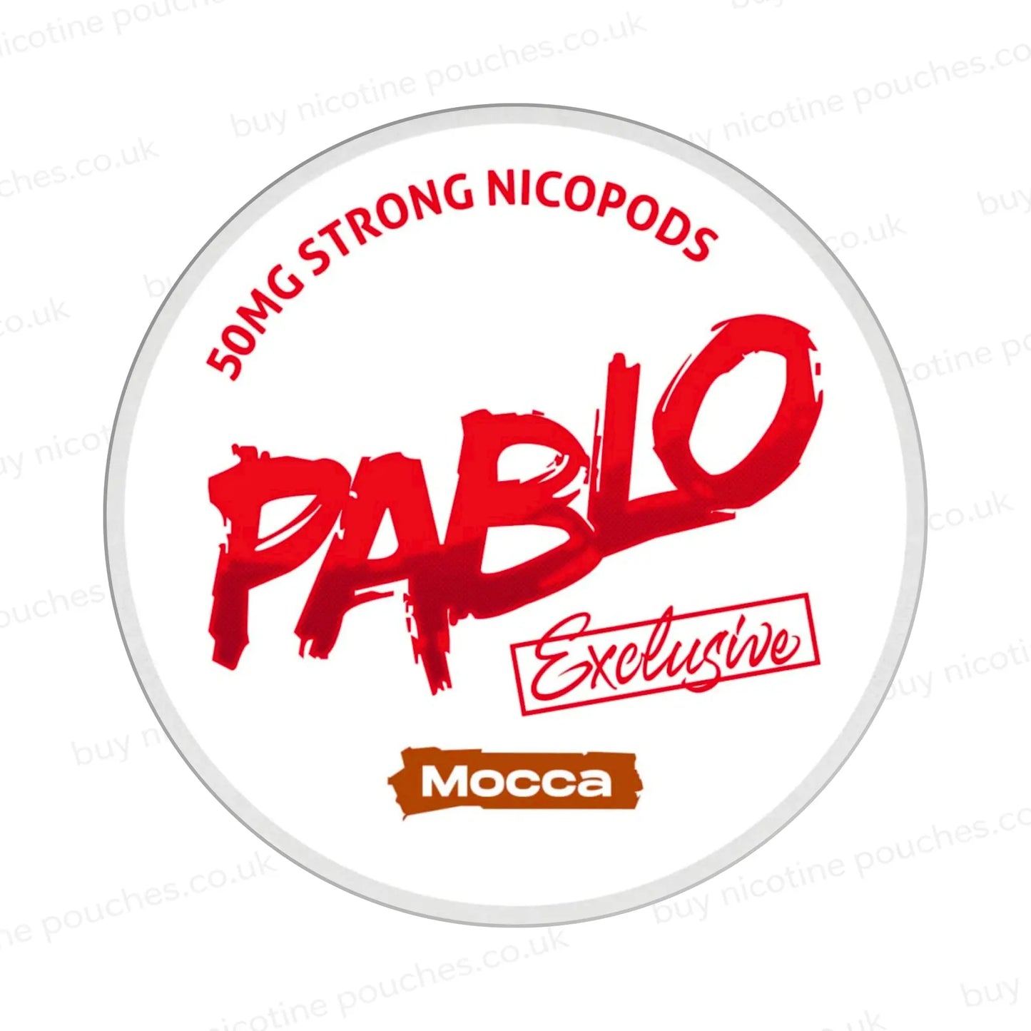 Nicotine pouch container with Pablo Mocca branding on a white background.