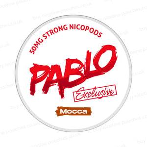 Nicotine pouch container with Pablo Mocca branding on a white background.
