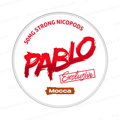 Nicotine pouch container with Pablo Mocca branding on a white background.