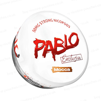 Angled shot of a nicotine pouch container with Pablo Mocca branding on a white background.