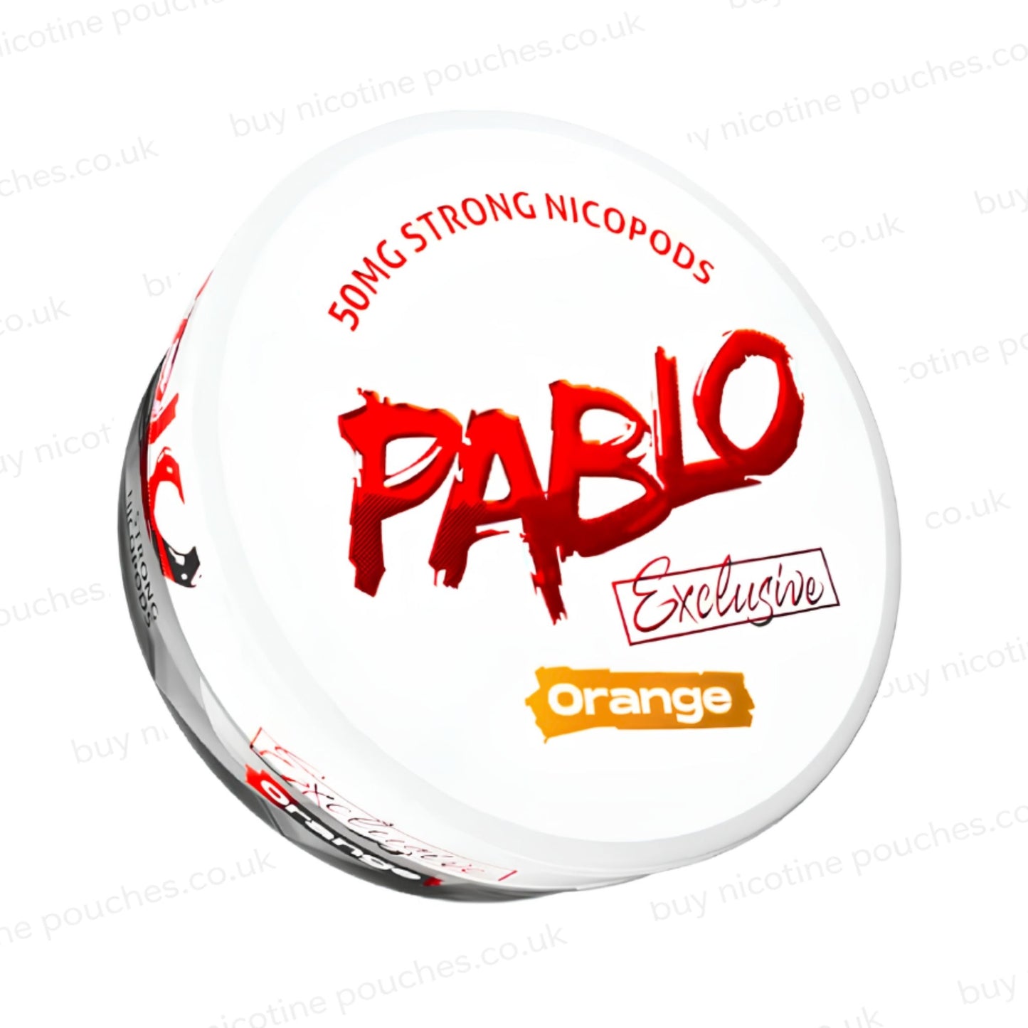 Angled shot of a nicotine pouch container with Pablo Orange branding on a white background.