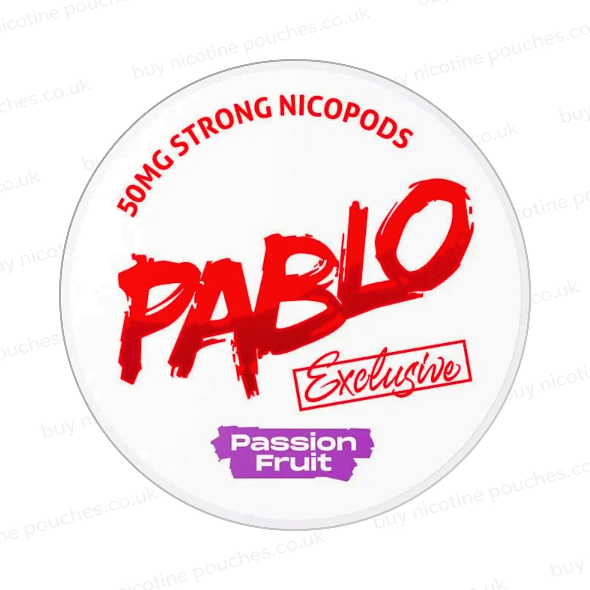 Nicotine pouch container with Pablo Passion Fruit branding on a white background.