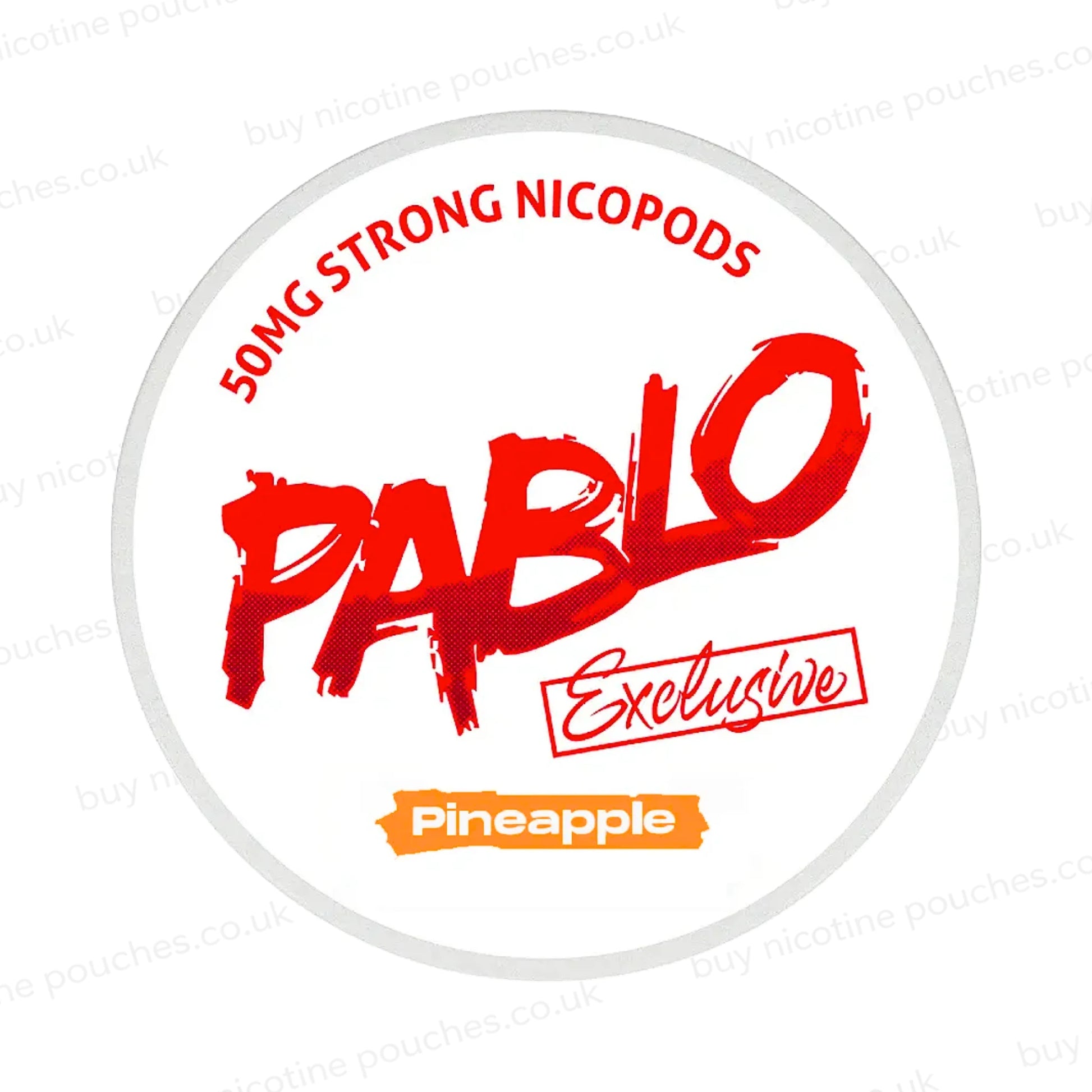 Nicotine pouch container with Pablo Pineapple branding on a white background.