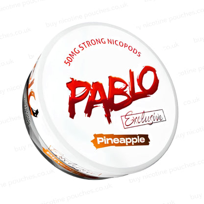 Angled shot of a nicotine pouch container with Pablo Pineapple branding on a white background.