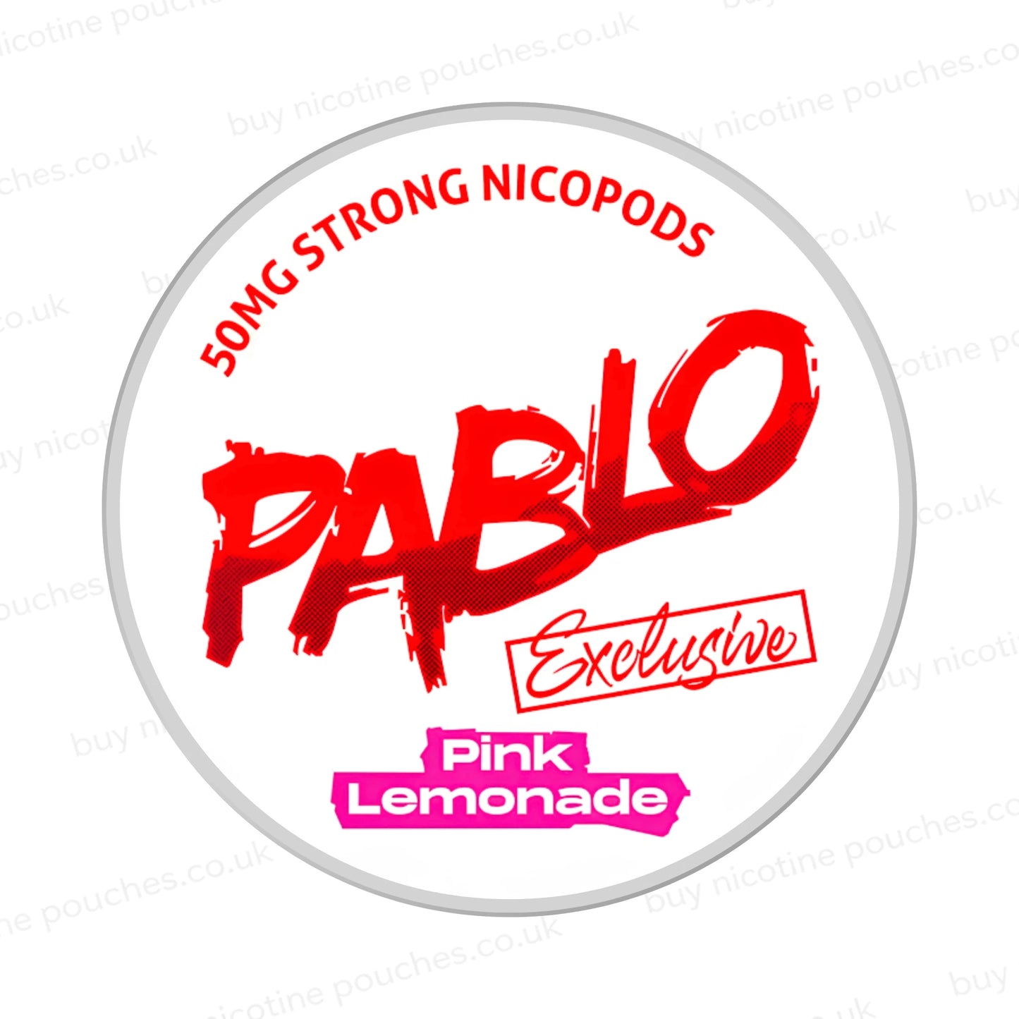 Nicotine pouch container with Pablo Pink Lemonade branding on a white background.