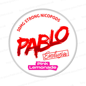 Nicotine pouch container with Pablo Pink Lemonade branding on a white background.