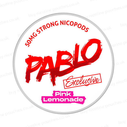 Nicotine pouch container with Pablo Pink Lemonade branding on a white background.