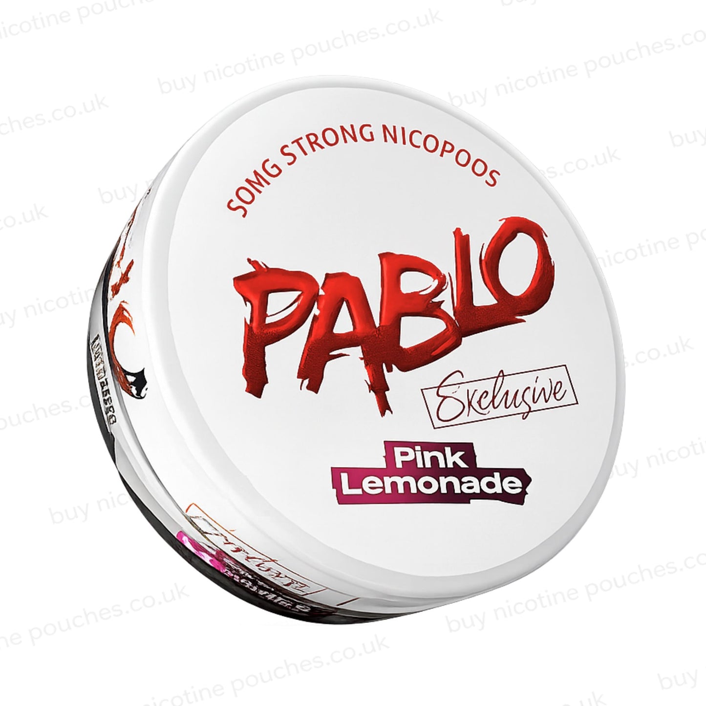 Angled shot of a nicotine pouch tub with white and red Pablo Exclusive Pink Lemonade branding on a white background.