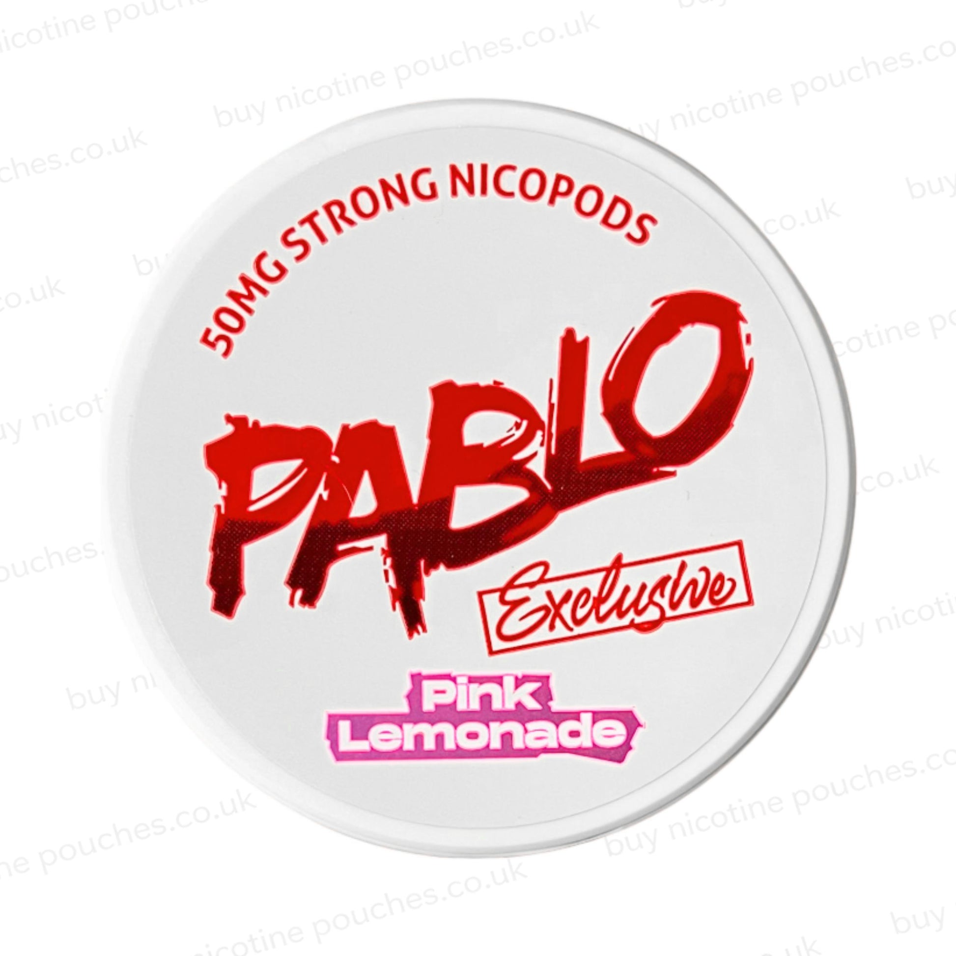 Nicotine pouch tub with white and red Pablo Exclusive Pink Lemonade branding on a white background.