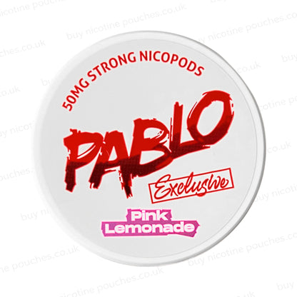 Nicotine pouch tub with white and red Pablo Exclusive Pink Lemonade branding on a white background.