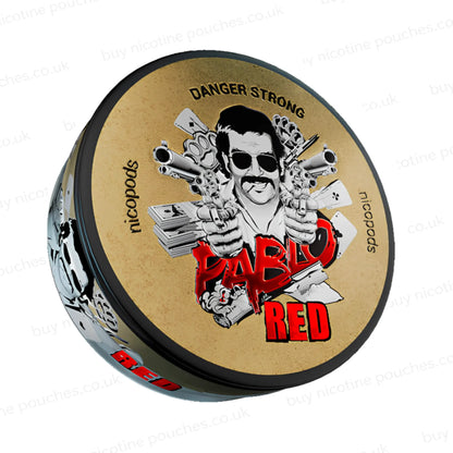 Angled shot of a nicotine pouch container with brown and red Pablo RED branding on a white background.