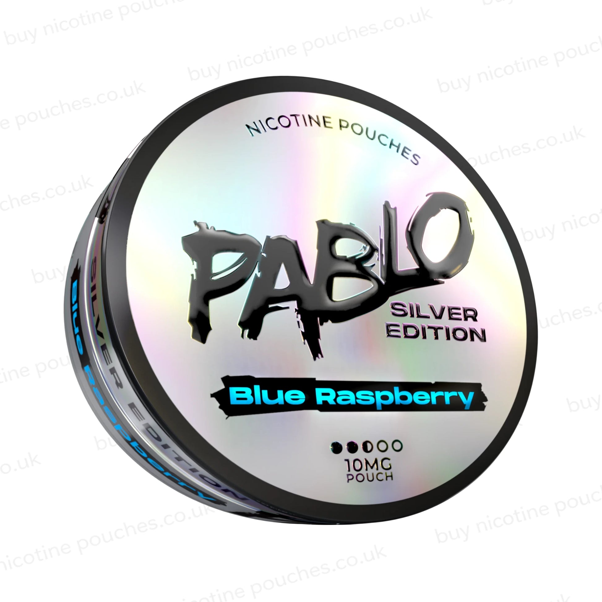 Angled shot of a nicotine pouch tub with 'Pablo Silver Edition Blue Raspberry' branding on a white background