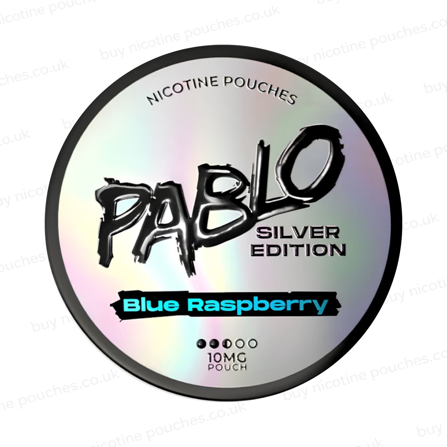 Nicotine pouch tub with 'Pablo Silver Edition Blue Raspberry' branding on a white background