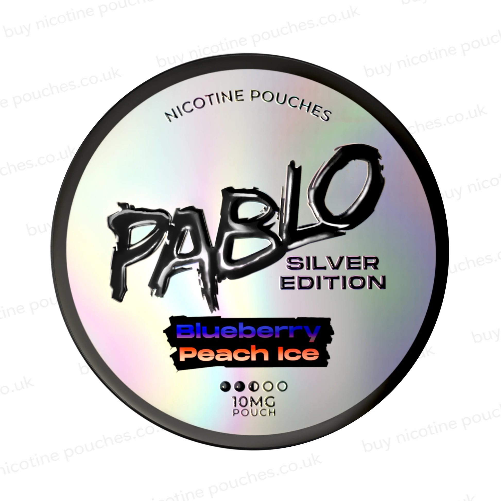 Nicotine pouch tub with 'PABLO Silver Edition Blueberry Peach Ice' branding on a white background.