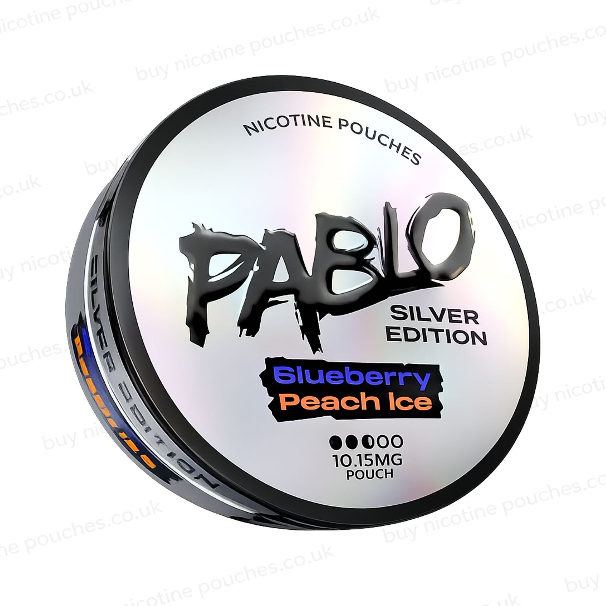 Angled shot of a nicotine pouch tub with 'PABLO Silver Edition Blueberry Peach Ice' branding on a white background.