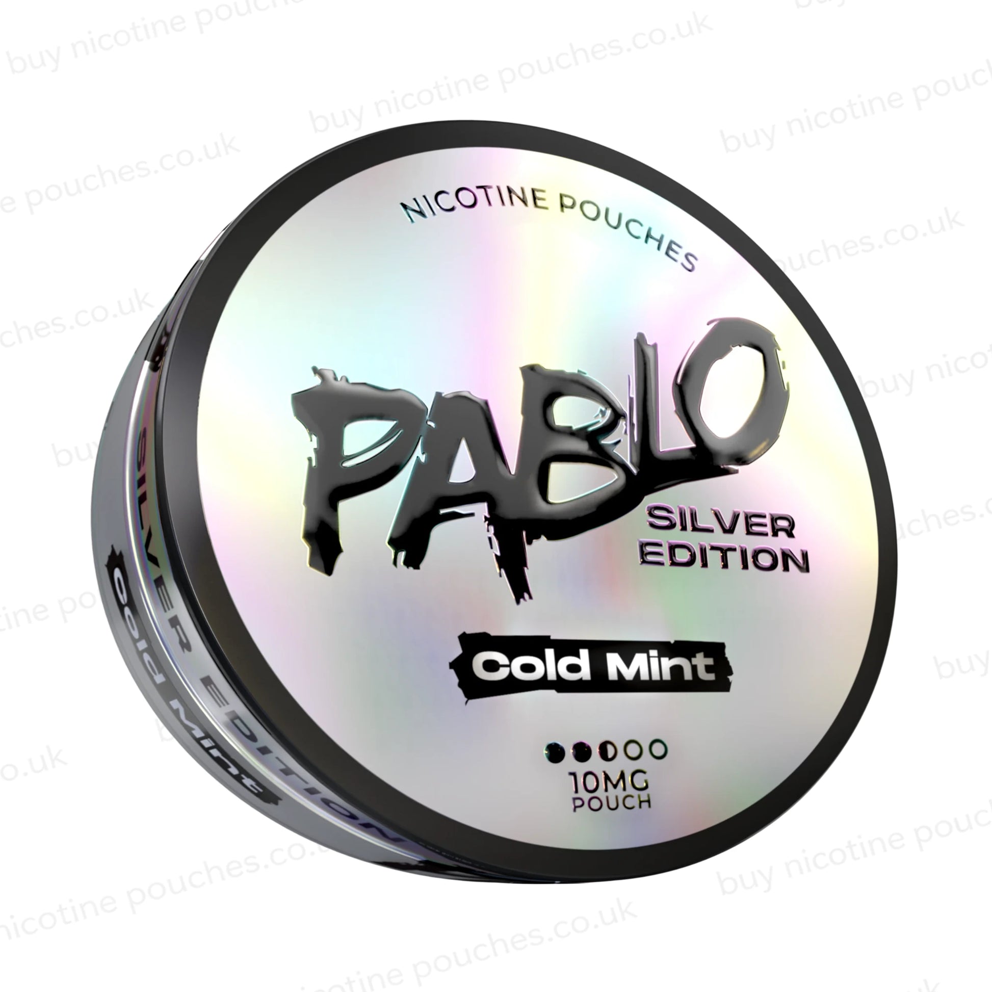 Angled shot of a nicotine pouch tub with Pablo Silver Edition Cold Mint branding on a white background.
