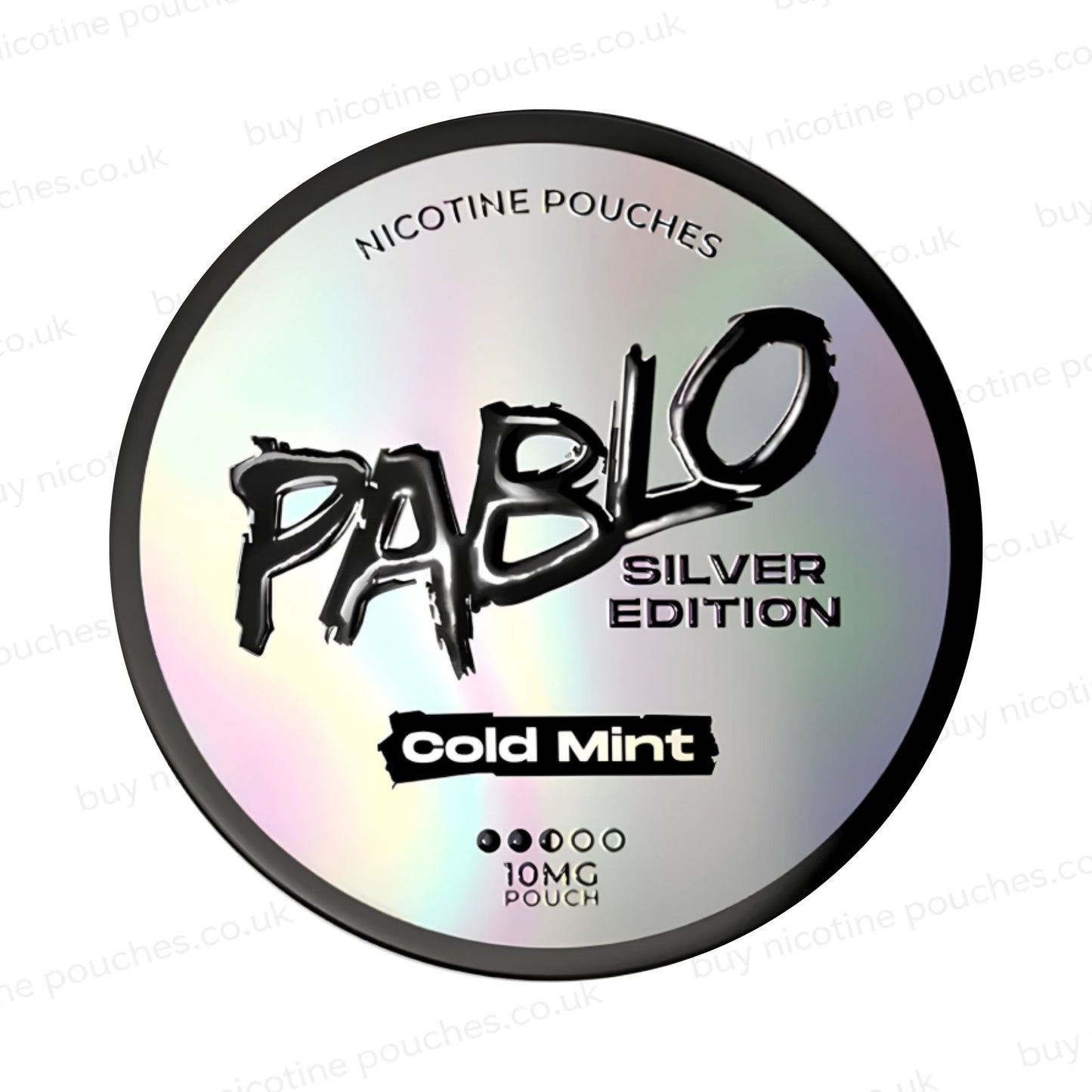 Nicotine pouch tub with Pablo Silver Edition Cold Mint branding on a white background.