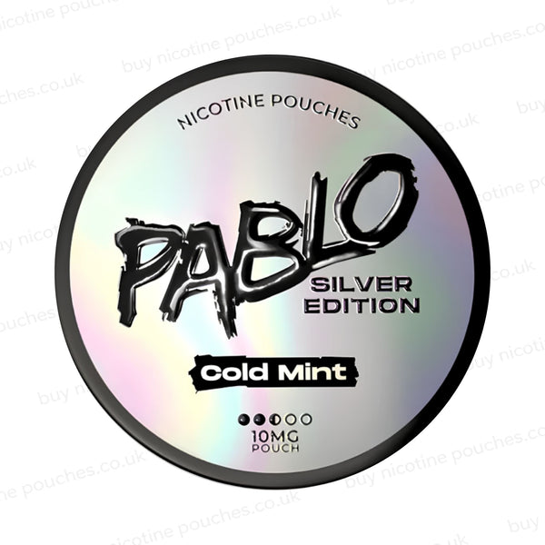 Nicotine pouch tub with Pablo Silver Edition Cold Mint branding on a white background.