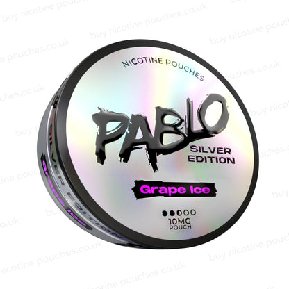 Angled shot of a nicotine pouch tub with 'Pablo Silver Edition Grape Ice' branding on a white background.