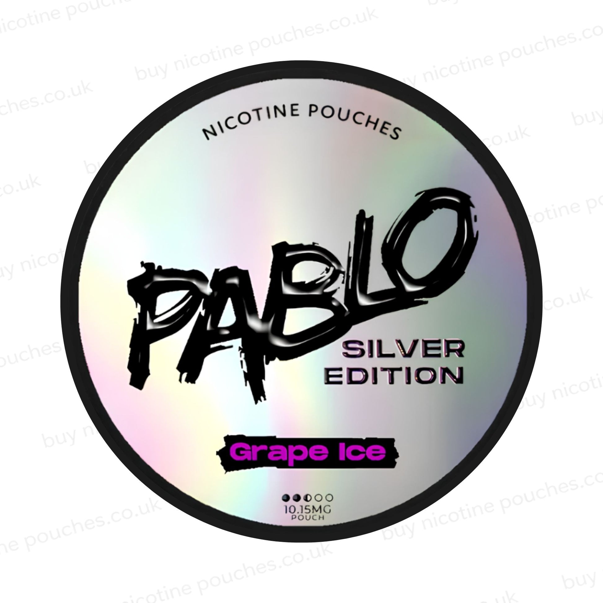 Nicotine pouch tub with 'Pablo Silver Edition Grape Ice' branding on a white background.