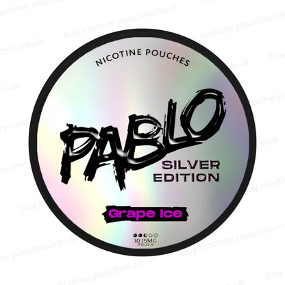Nicotine pouch tub with 'Pablo Silver Edition Grape Ice' branding on a white background.