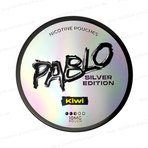 Nicotine pouch tub with Pablo Silver Edition Kiwi branding on a white background