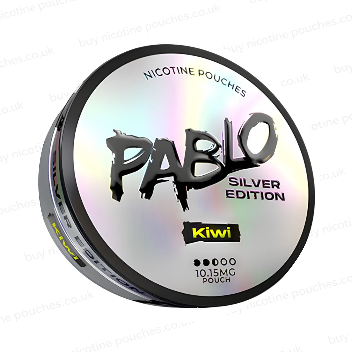 Angled shot of a nicotine pouch tub with Pablo Silver Edition Kiwi branding on a white background