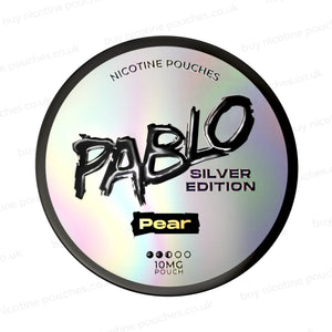 Nicotine pouch tub with Pablo Silver Edition Pear branding on a white background.