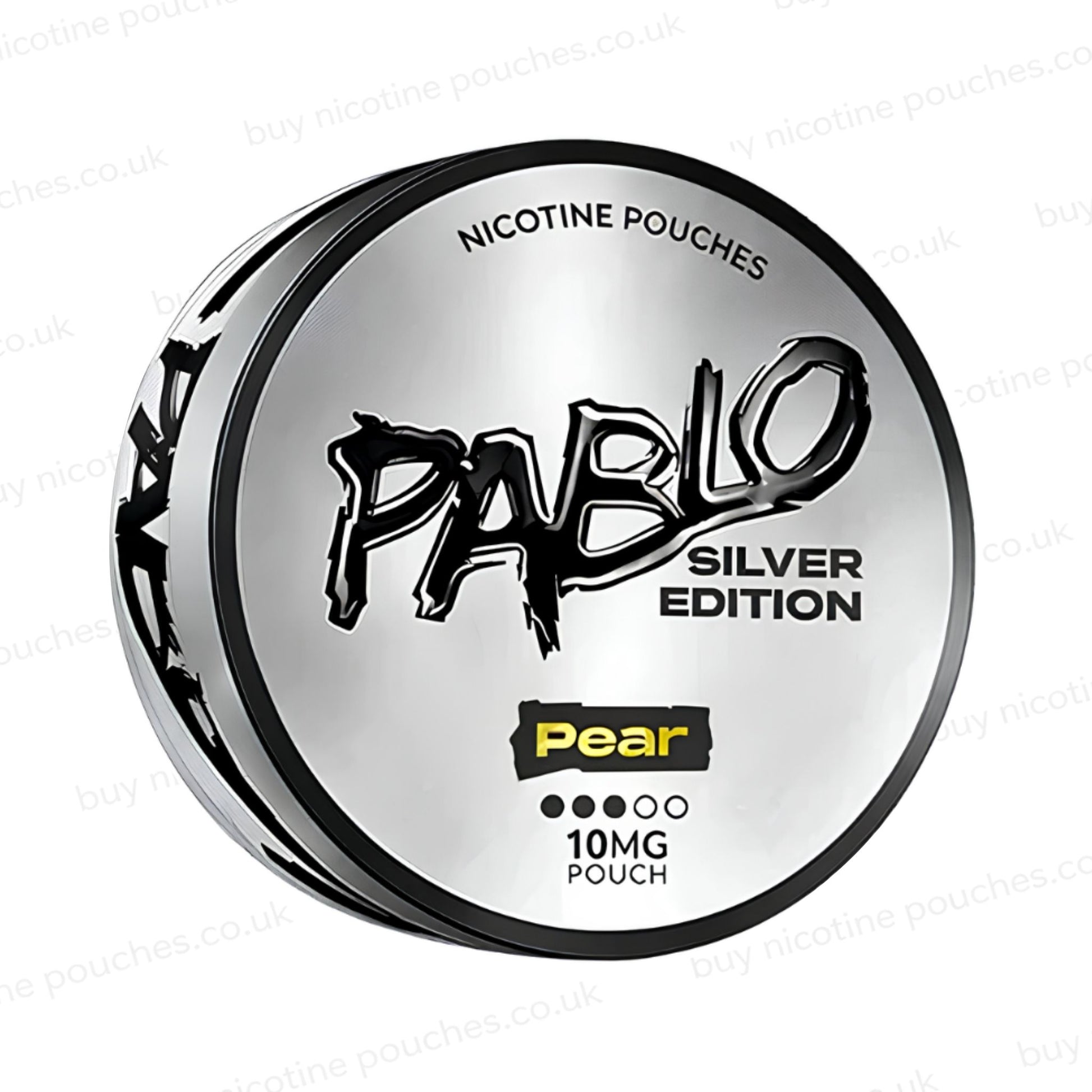 Angled shot of a nicotine pouch tub with Pablo Silver Edition Pear branding on a white background.