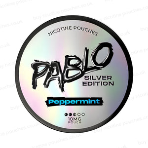 Nicotine pouch tub with Pablo Silver Edition Peppermint branding on a white background