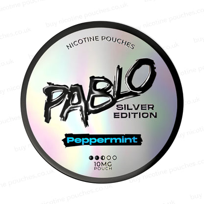 Nicotine pouch tub with Pablo Silver Edition Peppermint branding on a white background