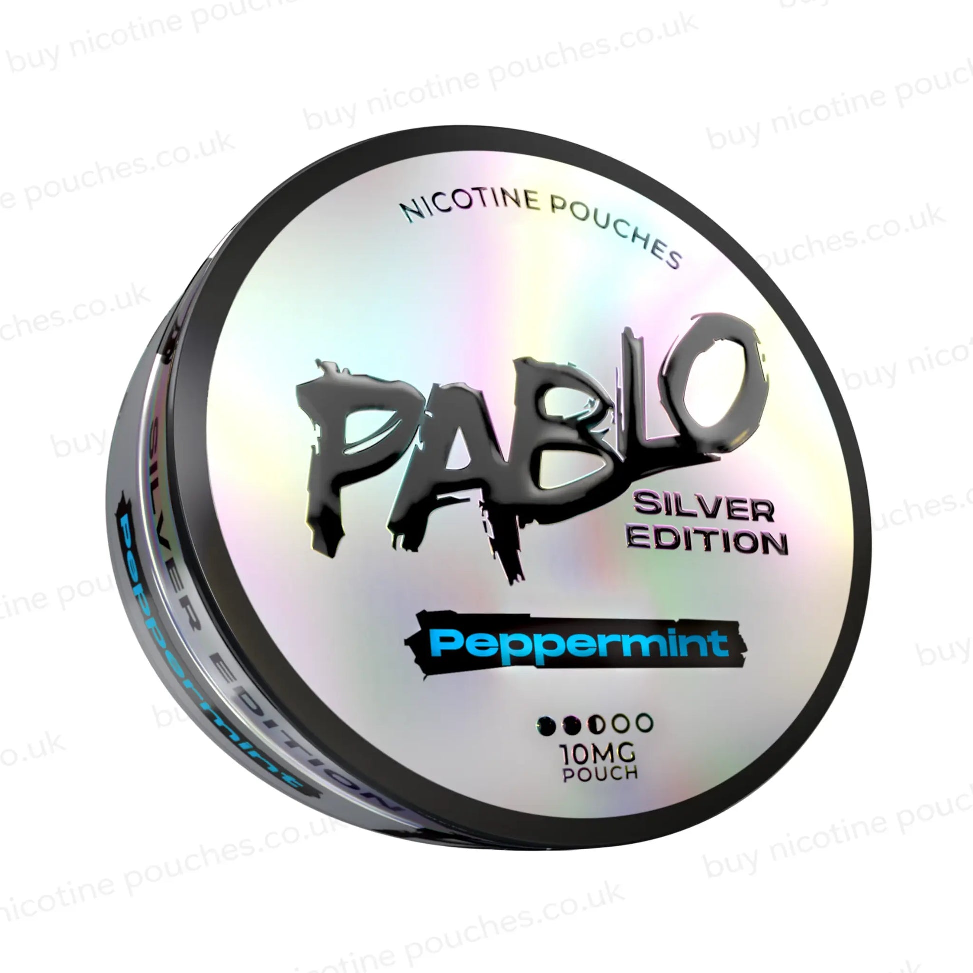 Nicotine pouch tub with Pablo Silver Edition Peppermint branding on a white background