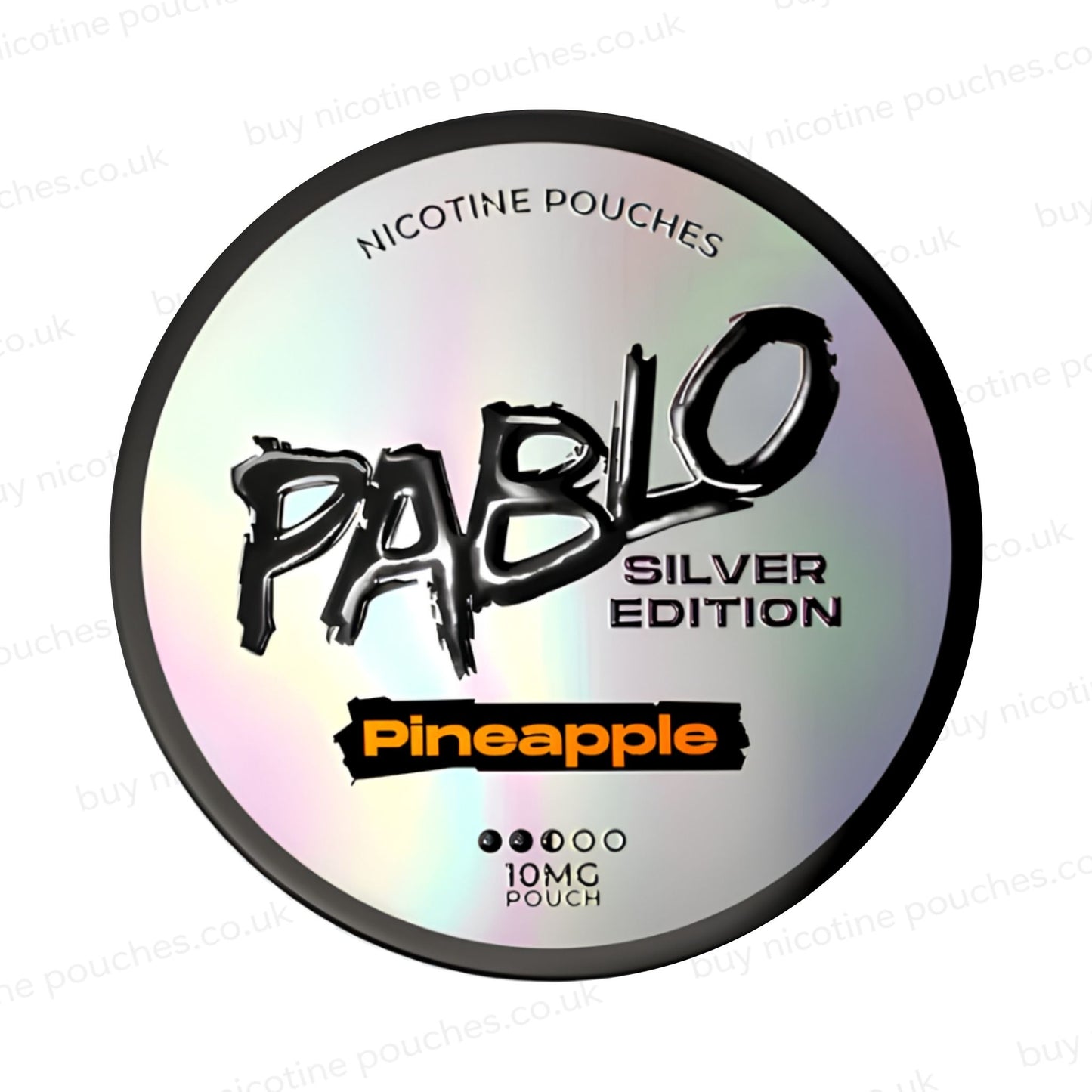Nicotine pouch tub with Pablo Silver Edition Pineapple branding on a white background