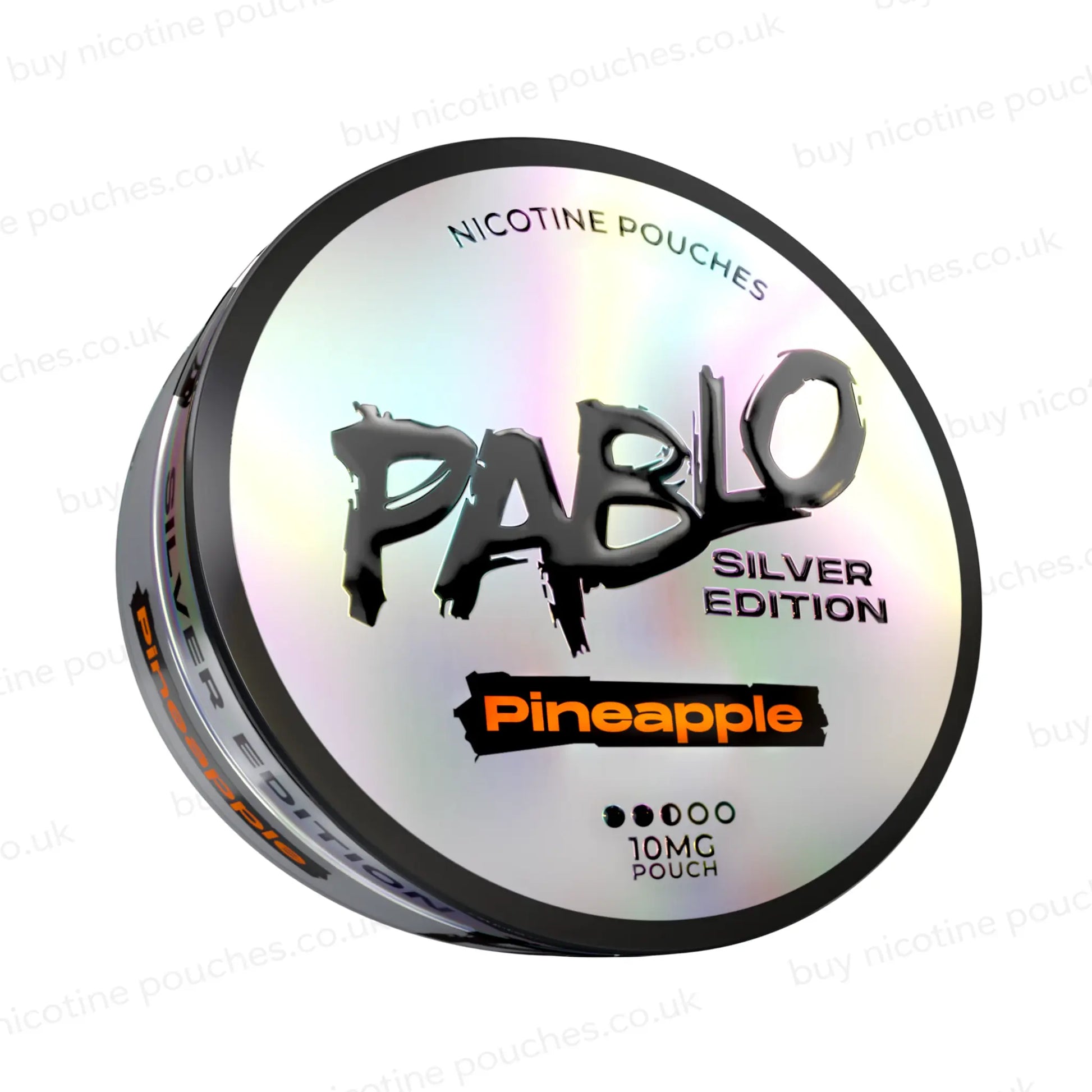 Angled shot of a nicotine pouch tub with Pablo Silver Edition Pineapple branding on a white background