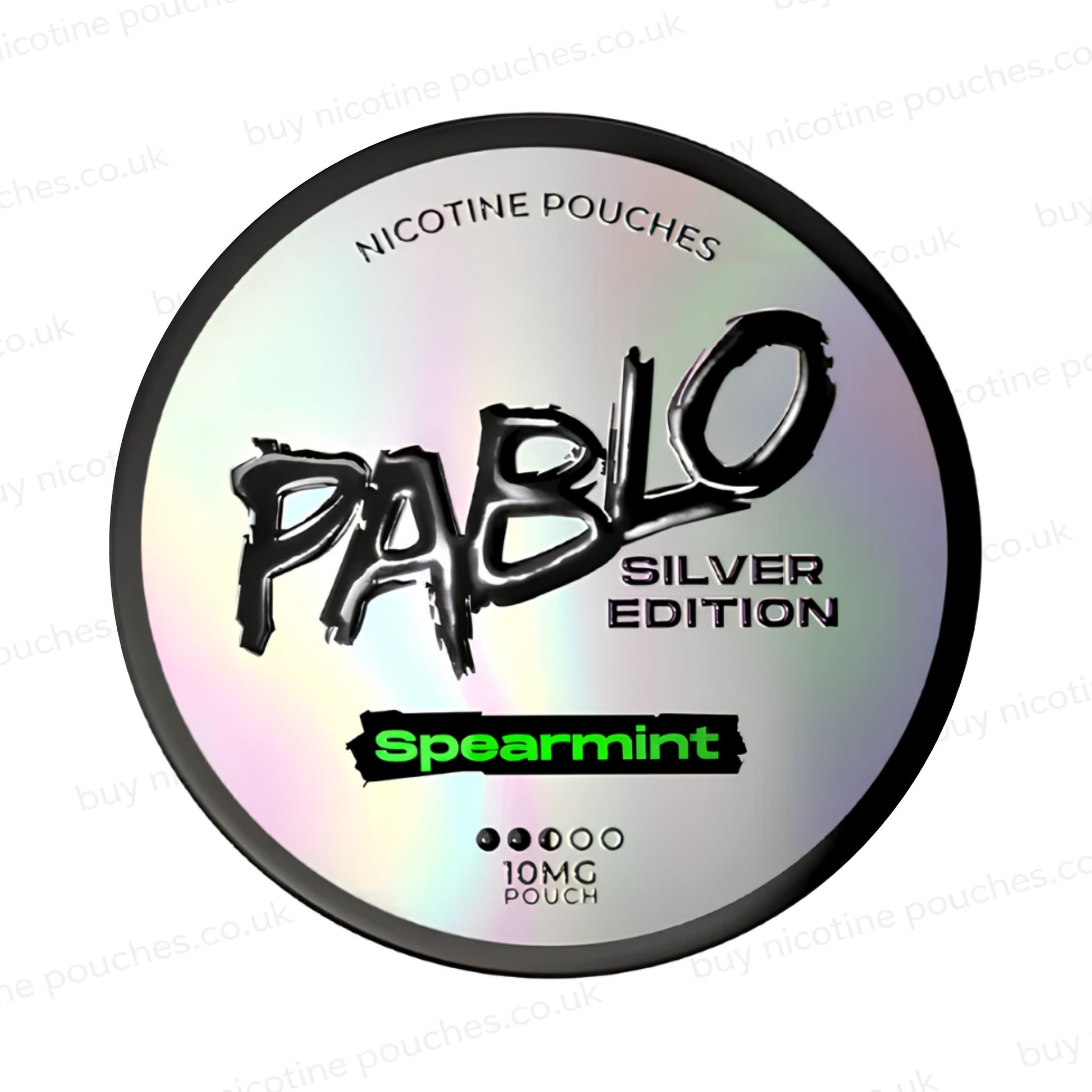 Nicotine pouch tub with Pablo Silver Edition Spearmint branding on a white background