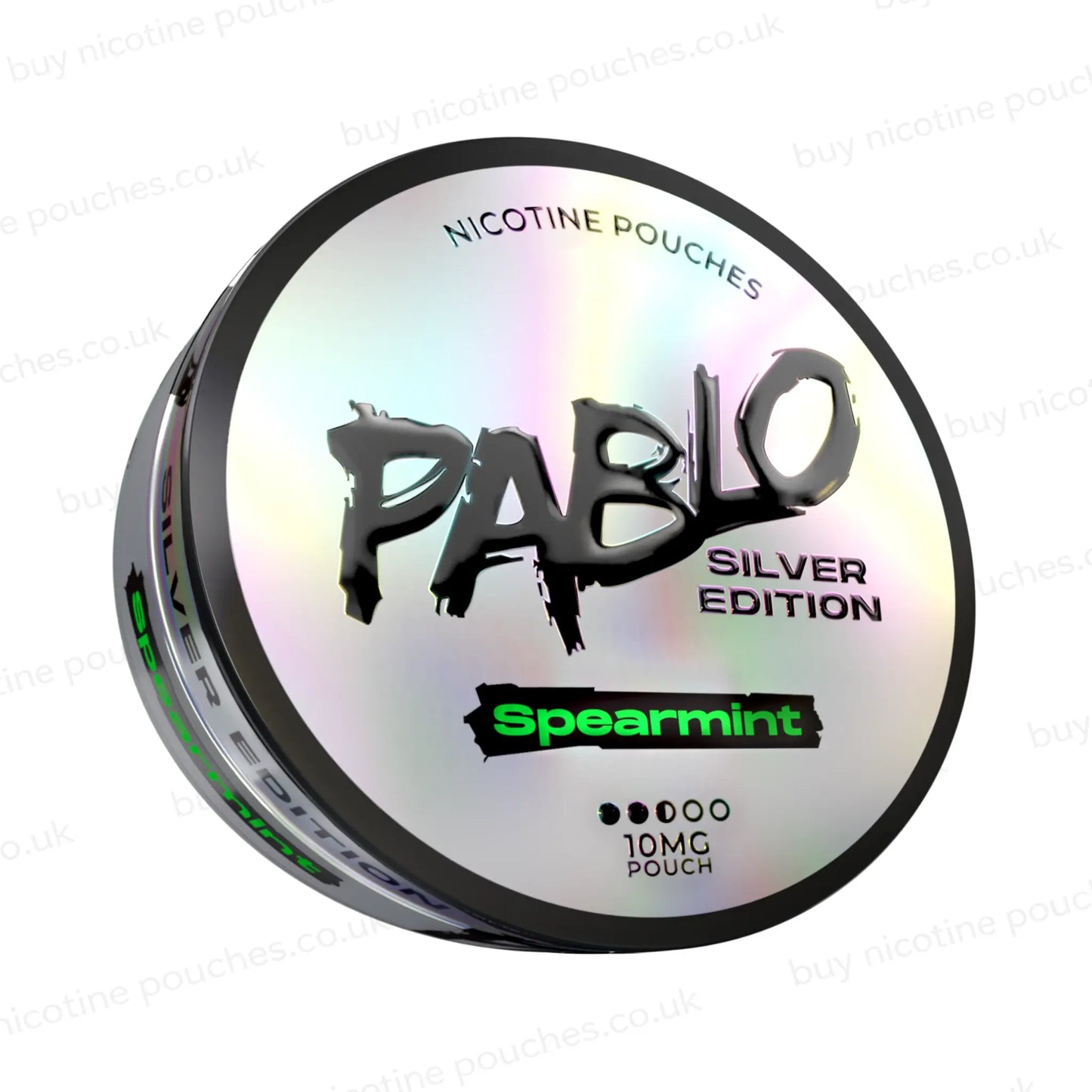 Angled shot of a nicotine pouch tub with Pablo Silver Edition Spearmint branding on a white background