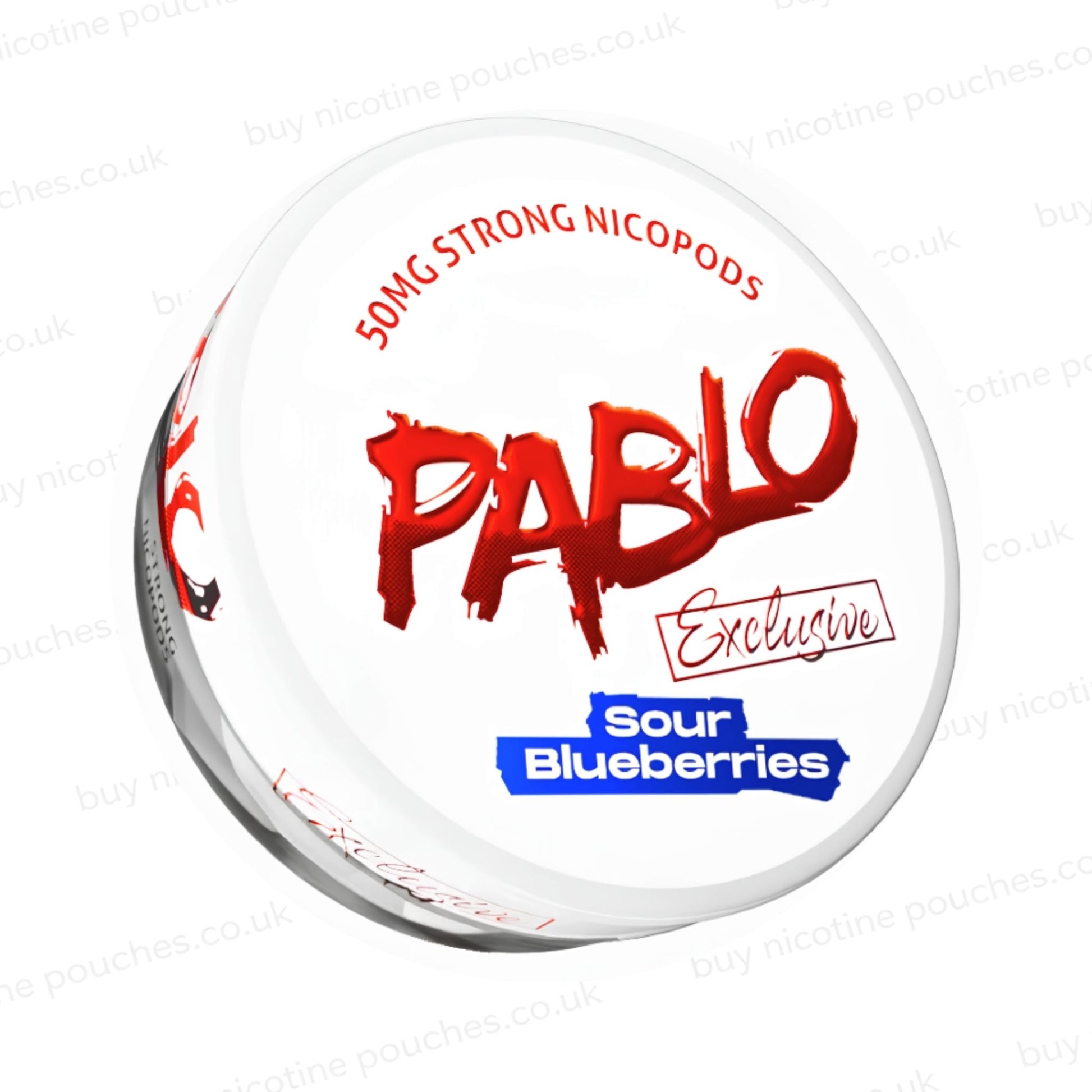 Angled shot of a nicotine pouch container with Pablo Sour Blueberries branding on a white background.