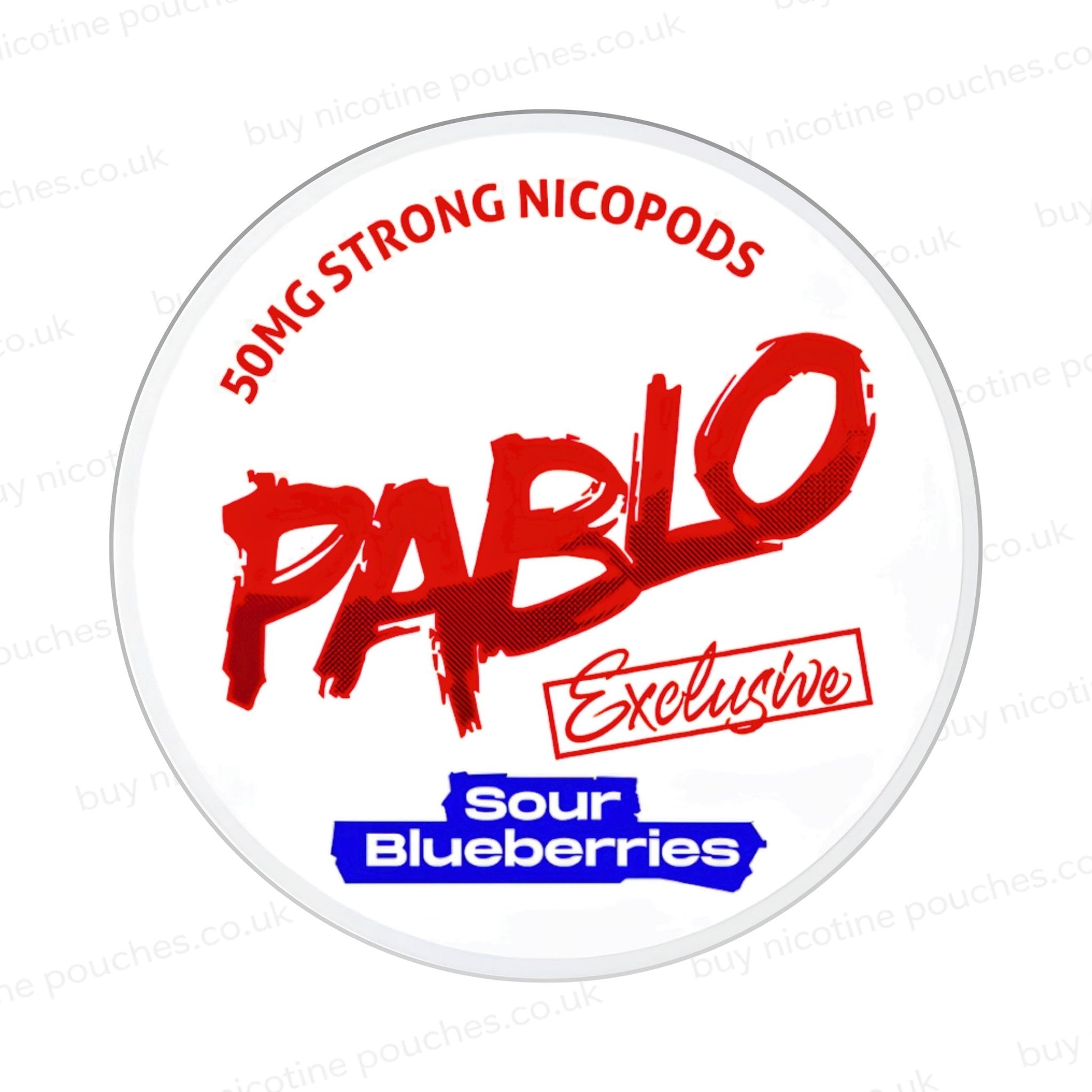 Nicotine pouch container with Pablo Sour Blueberries branding on a white background.