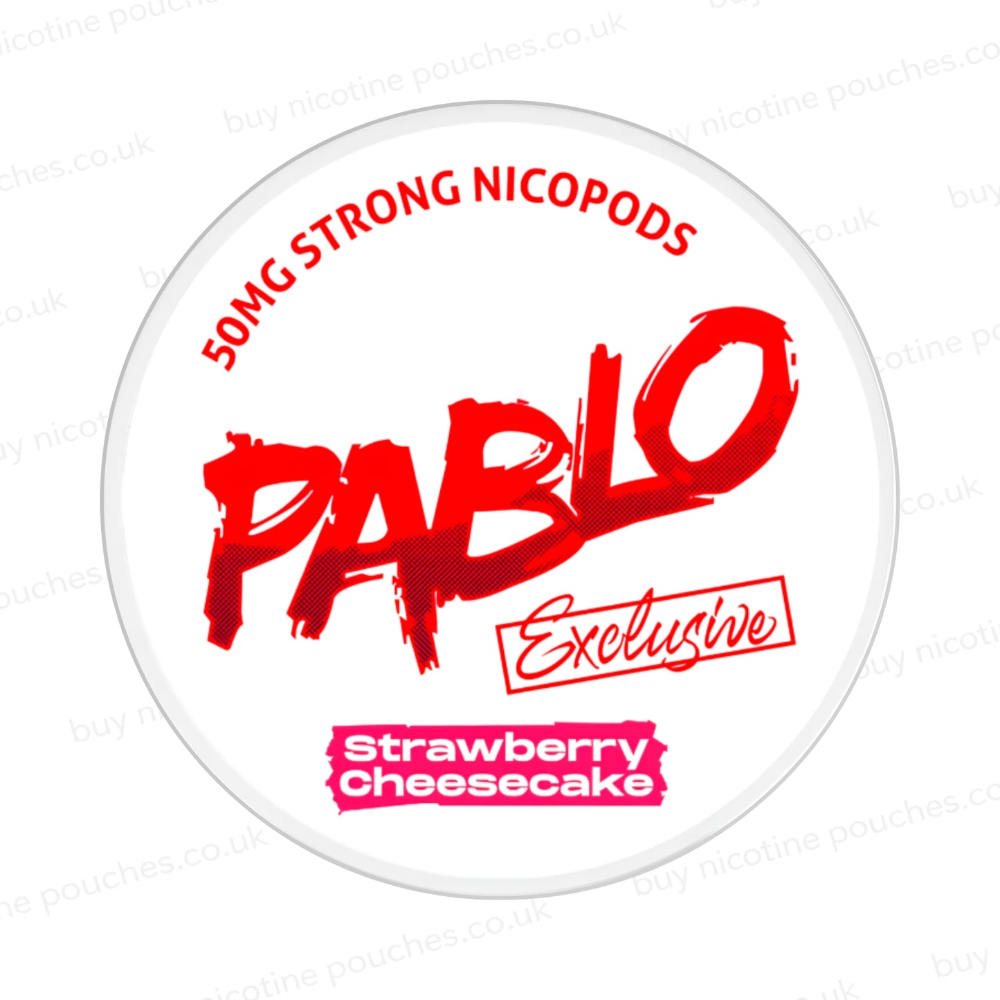 Nicotine pouch container with Pablo Strawberry Cheesecake branding on a white background.