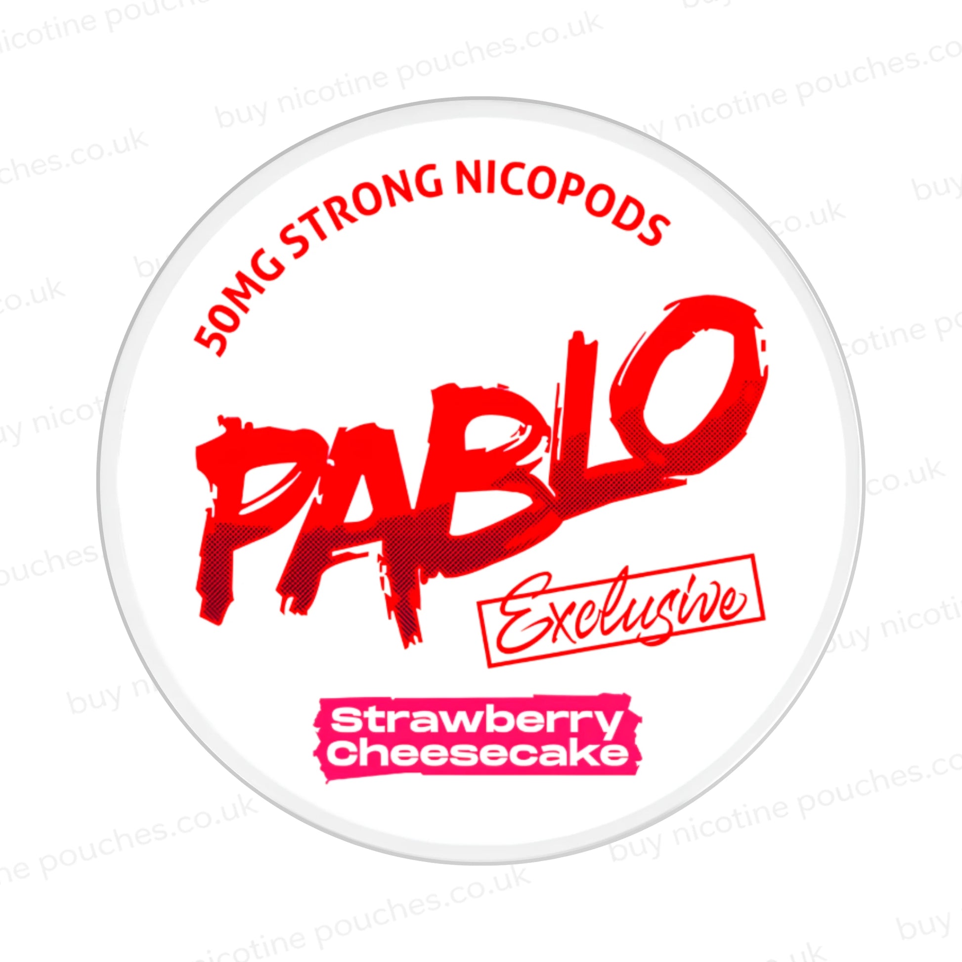 Nicotine pouch container with Pablo Strawberry Cheesecake branding on a white background.