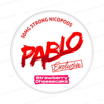 Nicotine pouch container with Pablo Strawberry Cheesecake branding on a white background.