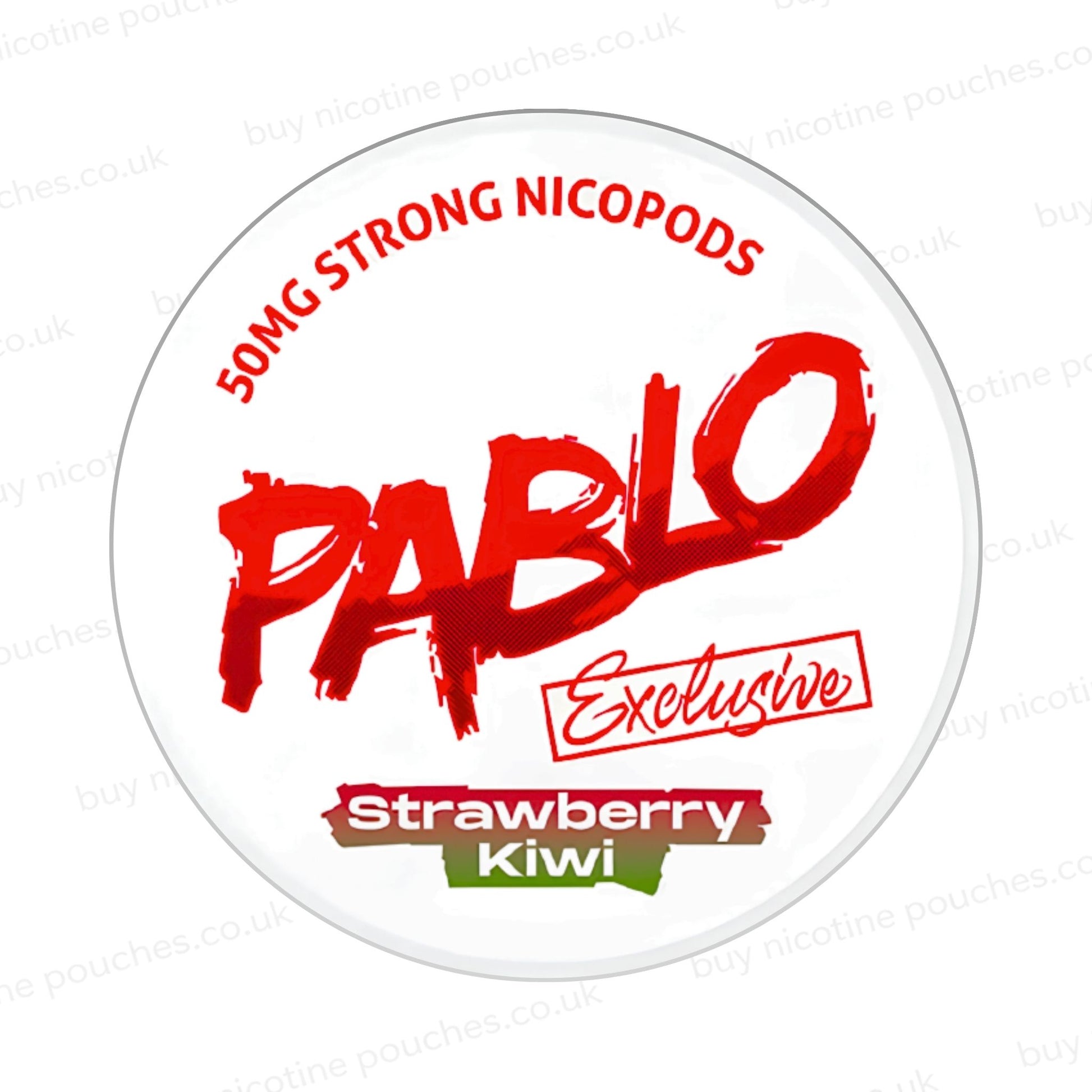 Nicotine pouch container with Pablo Strawberry Kiwi branding on a white background.