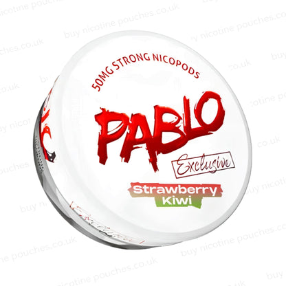 Angled shot of a nicotine pouch container with Pablo Strawberry Kiwi branding on a white background.