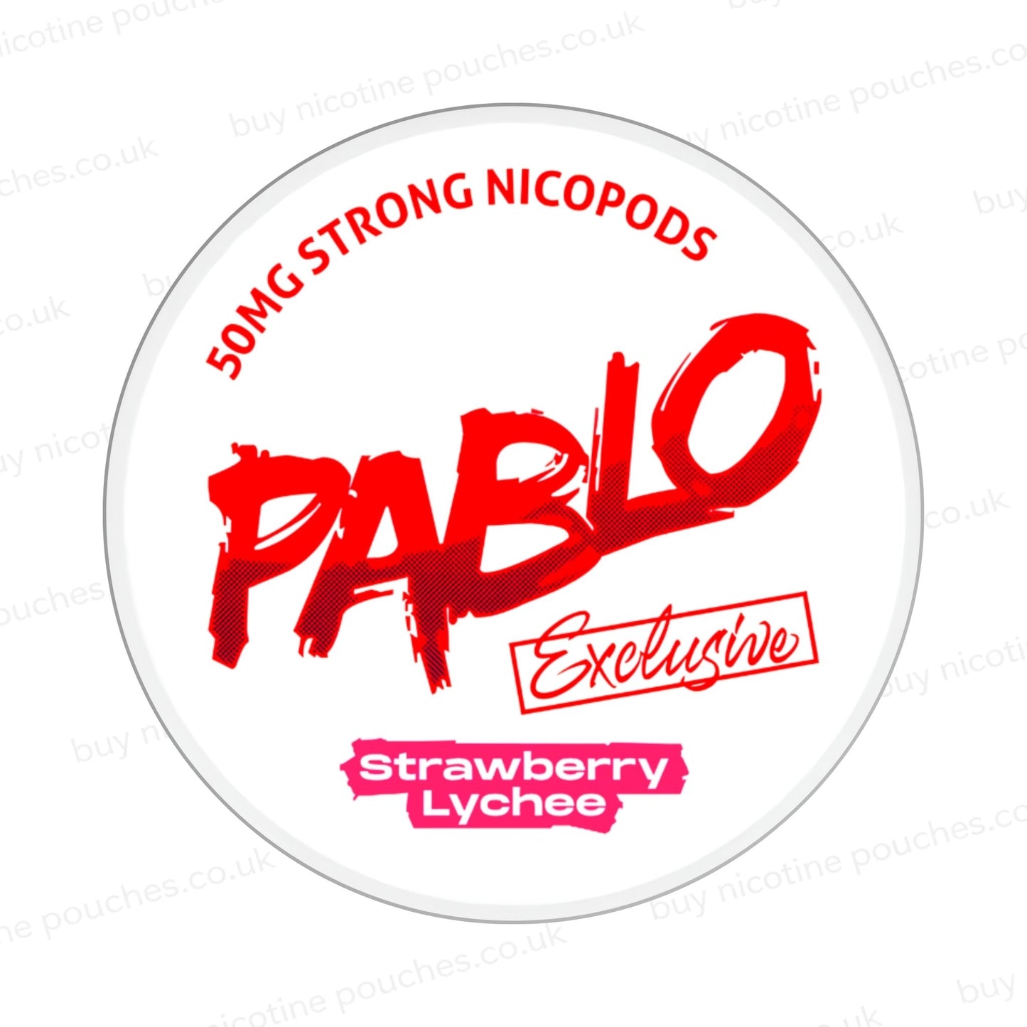 Nicotine pouch container with Pablo Strawberry Lychee branding on a white background.